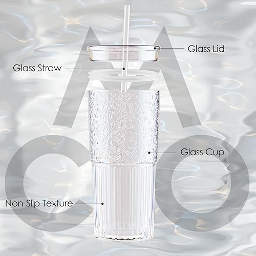 Miniatura 4 de COMI Vasos de vidrio con tapas y pajitas, vaso de vidrio de borosilicato alto para café helado, cristalería acanalada arcoíris de 20 onzas, 2