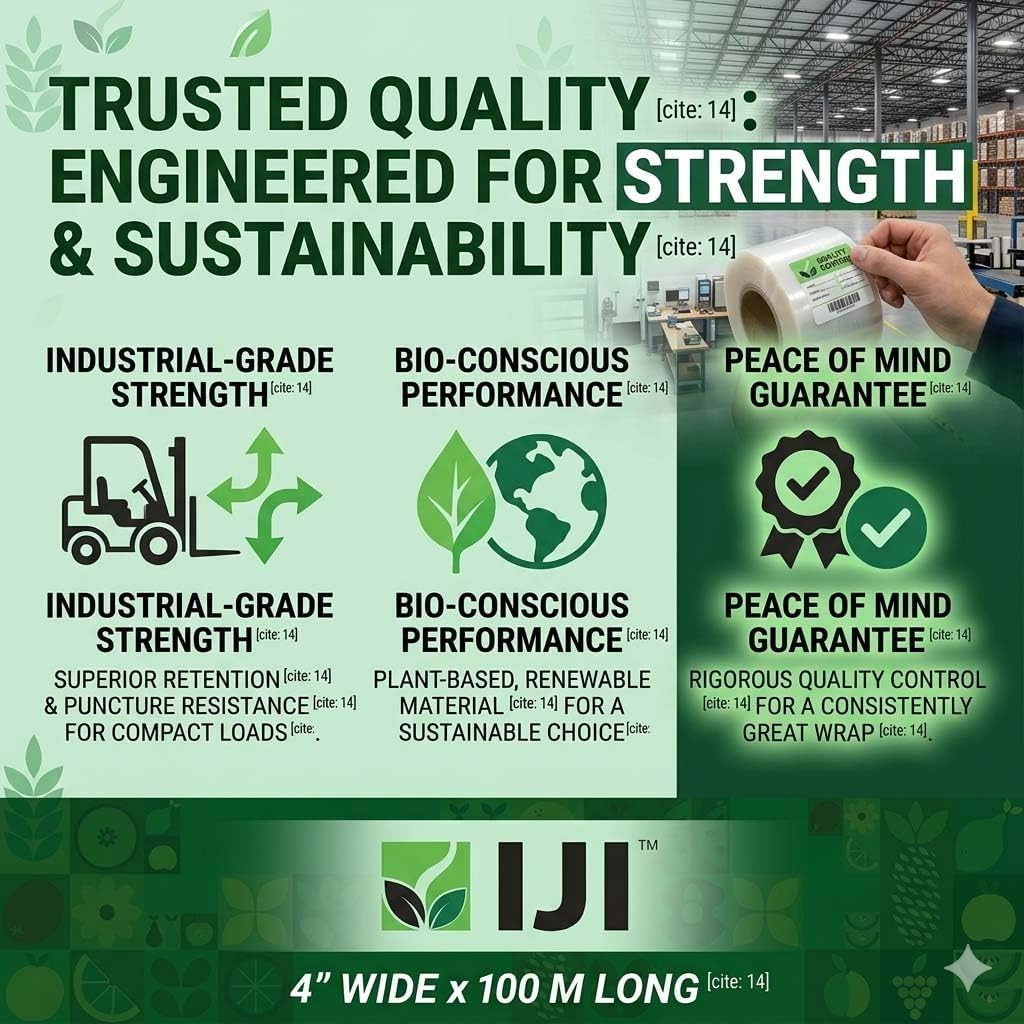 IJI 4-Inch Stretch Film Roll for Packing (100 Meters) – Plant-Based Multi-Purpose Wrap Roll – Heavy Duty Packing Material for Moving, Shipping & Household Use (White)