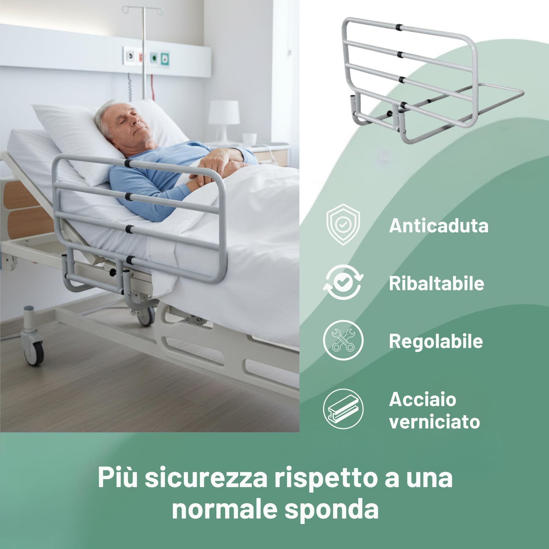 Sponda Letto Matrimoniale Universale Anticaduta, Sponda Letto Anziani e Disabili Ribaltabile, Regolabile - 50–71cm, Bianca