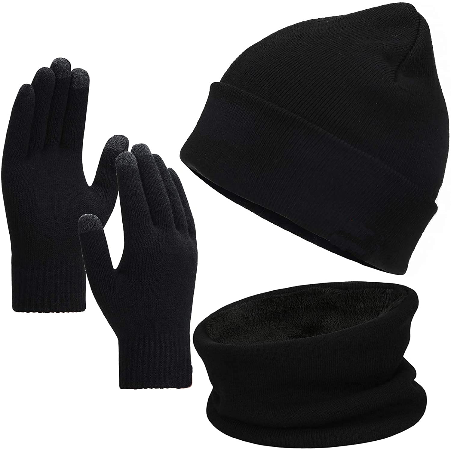 KASTWAVE Winter Beanie Hat Scarf Touchscreen Gloves Set, Knit Thick Fleece Lined Warm Touchscreen Gloves Beanie Scarf Set for Men and Women, Women Winter Hats 3-Piece Warmer Set Black