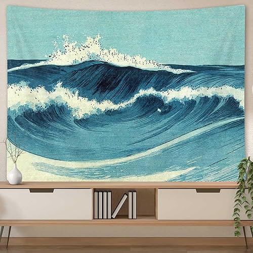 Miniatura 3 de Tapiz retro oceánico para colgar en la pared, tapiz vintage azul acuarela olas del océano, tapiz de pared japonés de olas de mar, tapiz indio para