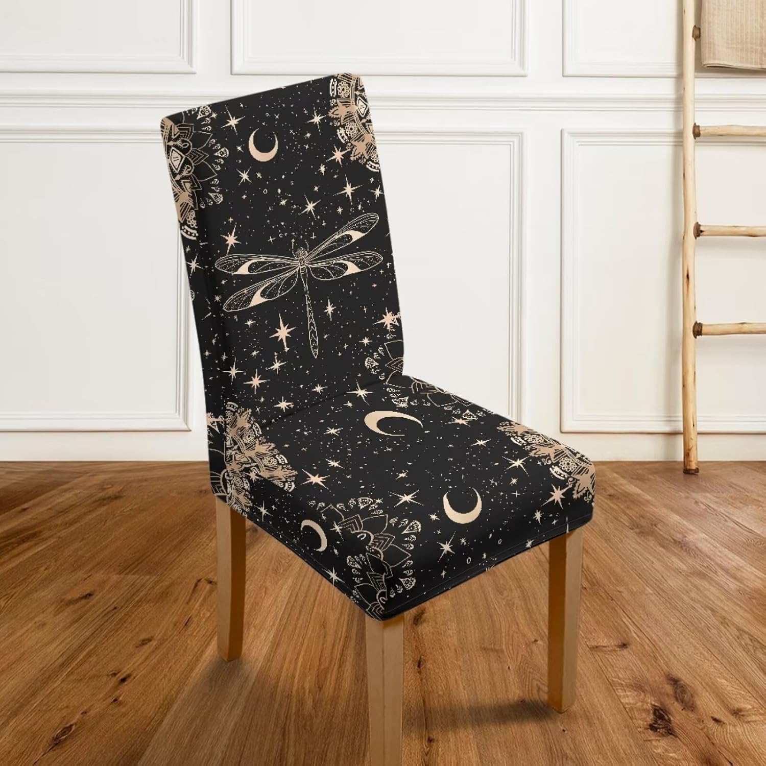 Dragonfly Floral Moon Star Print Chair Covers for Dining Room, Stretch Parsons Chair Slipcovers Washable Decorative Seat Cover with Elastic Band, Set of 4