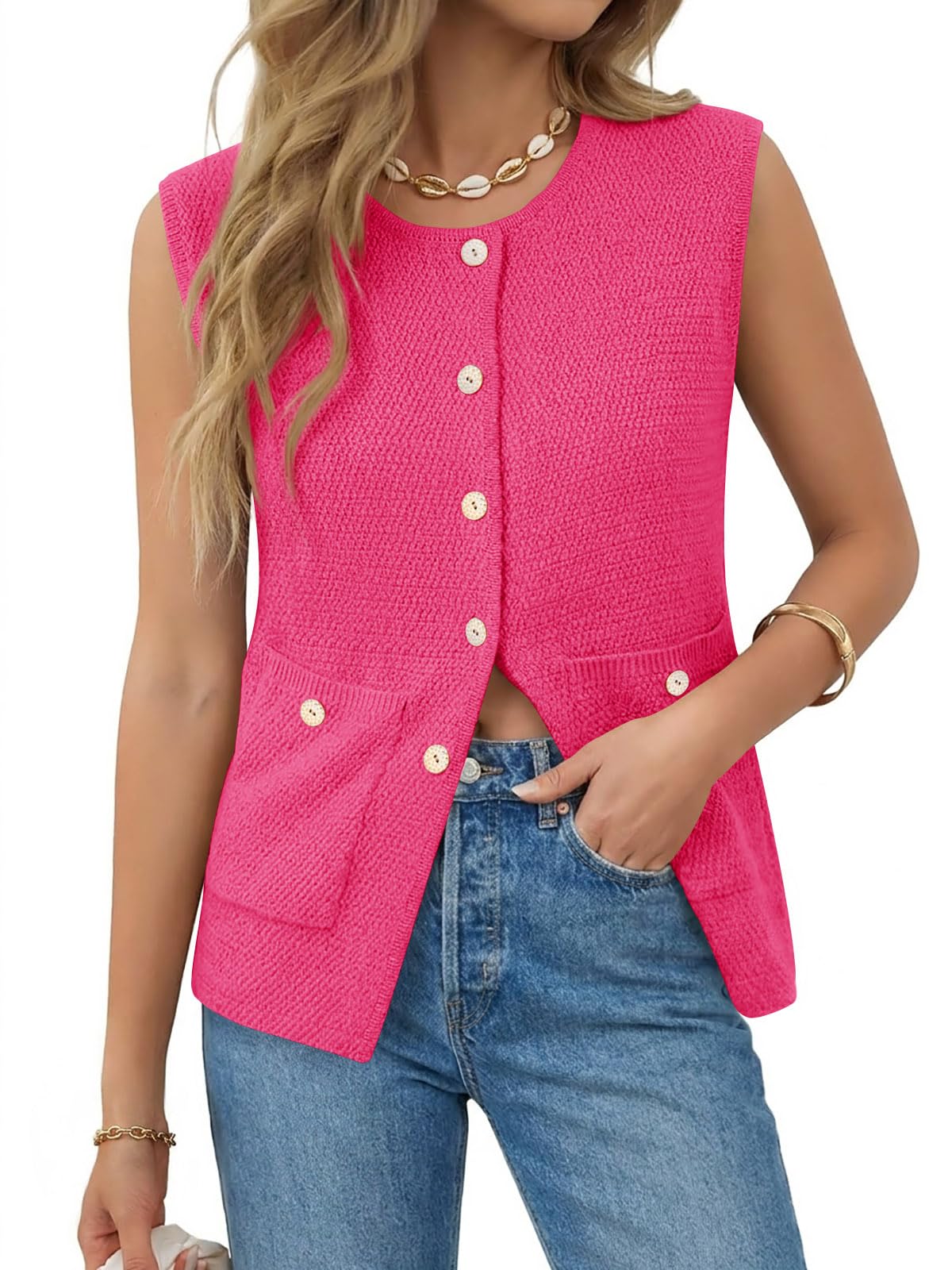 Yousify Womens Sweater Vest Sleeveless Button Down Round Neck Knitted Tank Tops Casual Cardigan with Pockets