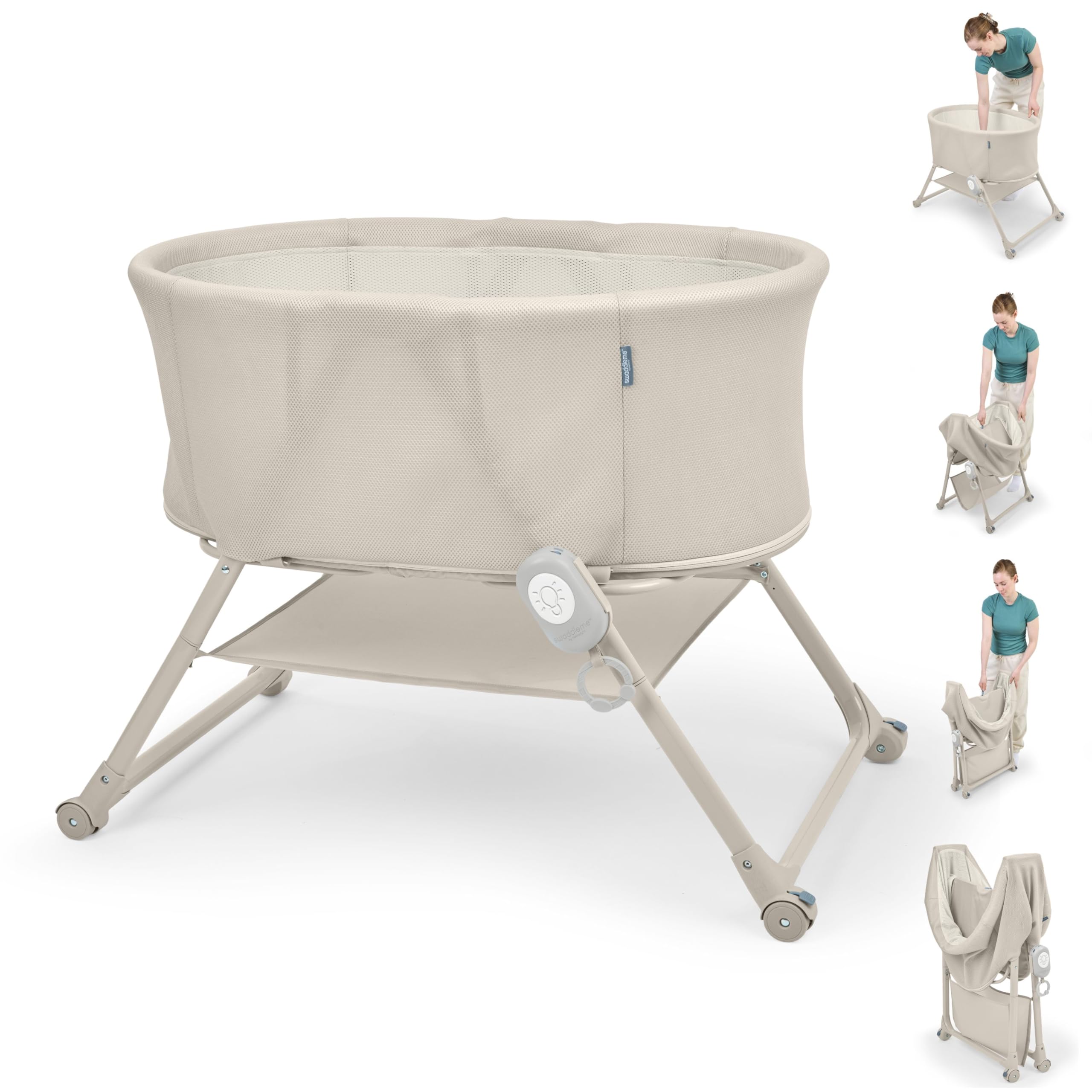 Ingenuity Snooze & Stow Easy-Folding Stubenwagen mit Sound, Licht und Vibration, tragbarer Baby-Stubenwagen mit Einhand-Klappmechanismus, Netzseiten, Ablagefach und Rädern