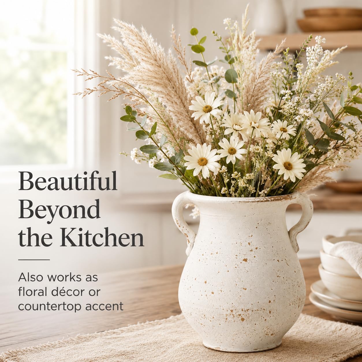 Rustic Kitchen Utensil Holder, 7.5 Inch Large, Wabi-Sabi White