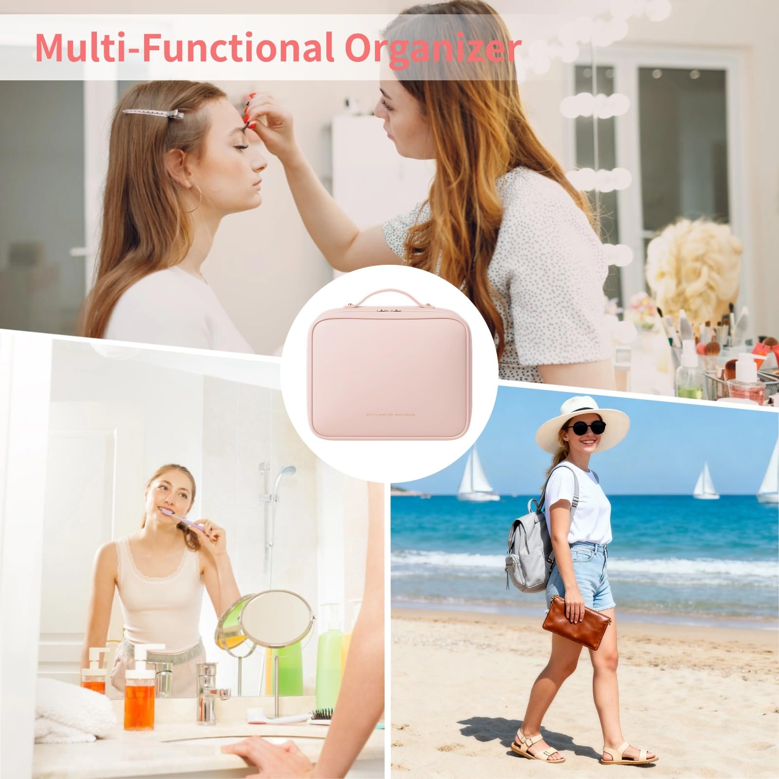 Neceser y cosméticos para mujer, organizador de piel sintética impermeable de 12.2 pulgadas con múltiples bolsillos, compartimentos extraíbles para cepillos, elegante estuche de viaje de gran