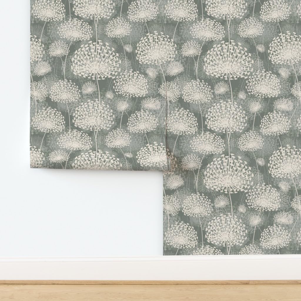 Peel & Stick Wallpaper 3ft x 2ft - Vintage Style Dandelions Gray Cream Neutral Flowers Floral Nature Custom Removable Wallpaper by Spoonflower