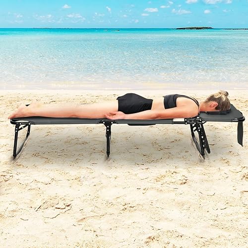 Miniatura 40 de Tangkula Silla de bronceado con agujero facial, silla plegable ajustable reclinable para playa, tomar el sol con bolsillo lateral, tumbona portátil