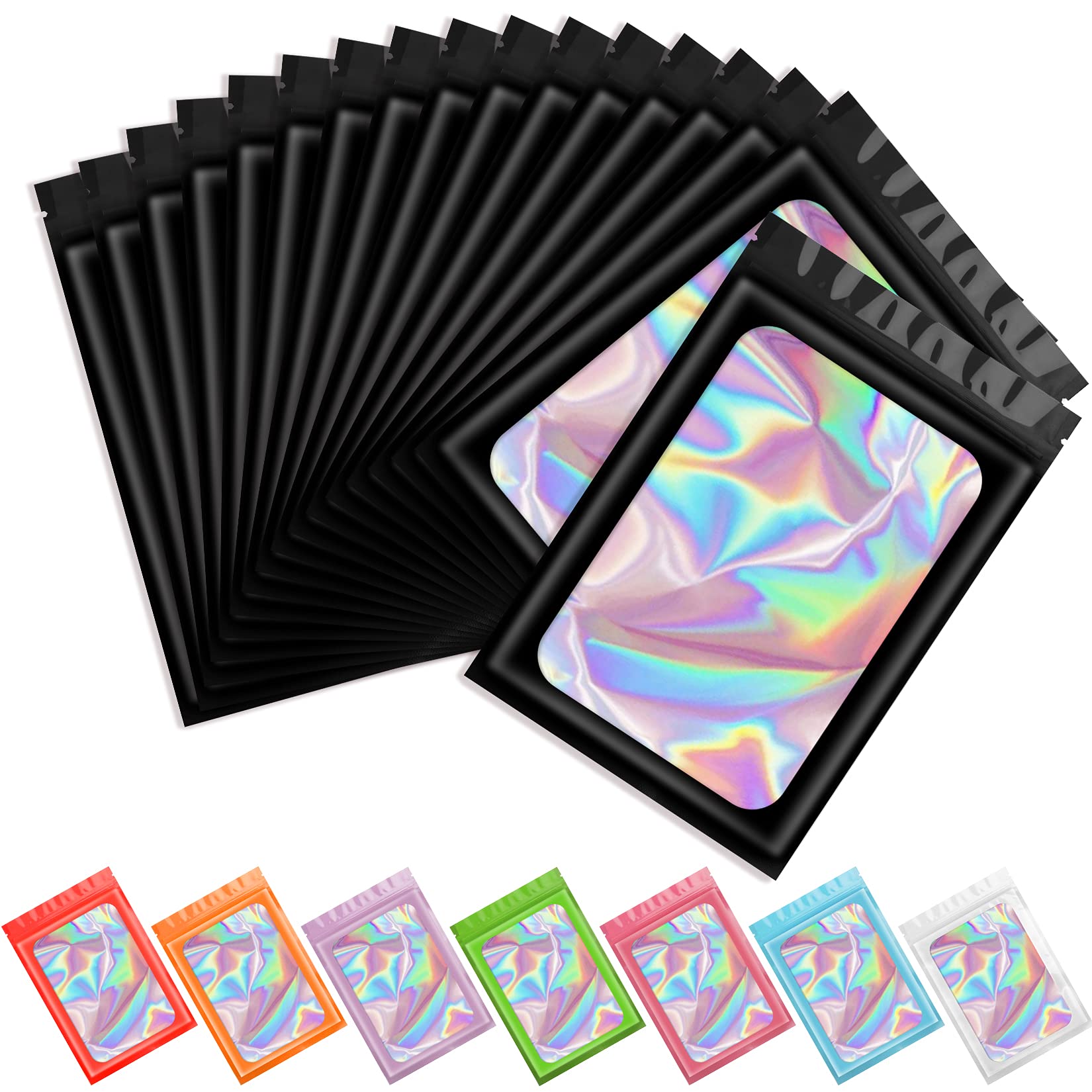 100 pcs Black Smell Proof Mylar Bags Holographic Packaging Bags,Clear Resealable Odor Proof Bags Foil Pouch Bags for Food Storage and Lipgloss,Jewelry,Eyelash Packaging for Small Business(2.4x3.9Inch)