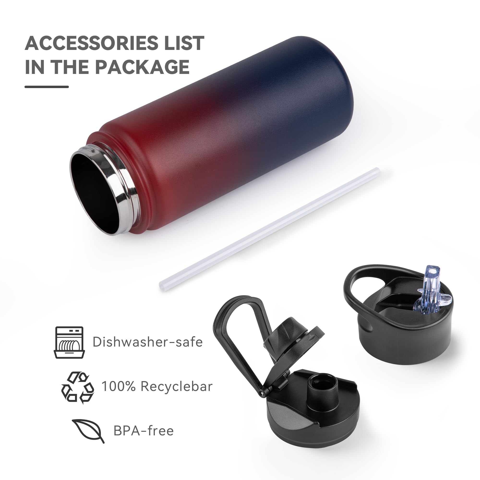 UMBFUN Insulated Water Bottle, 500ml 2 Lids (Straw Lid and Spout Lid) - Image 3
