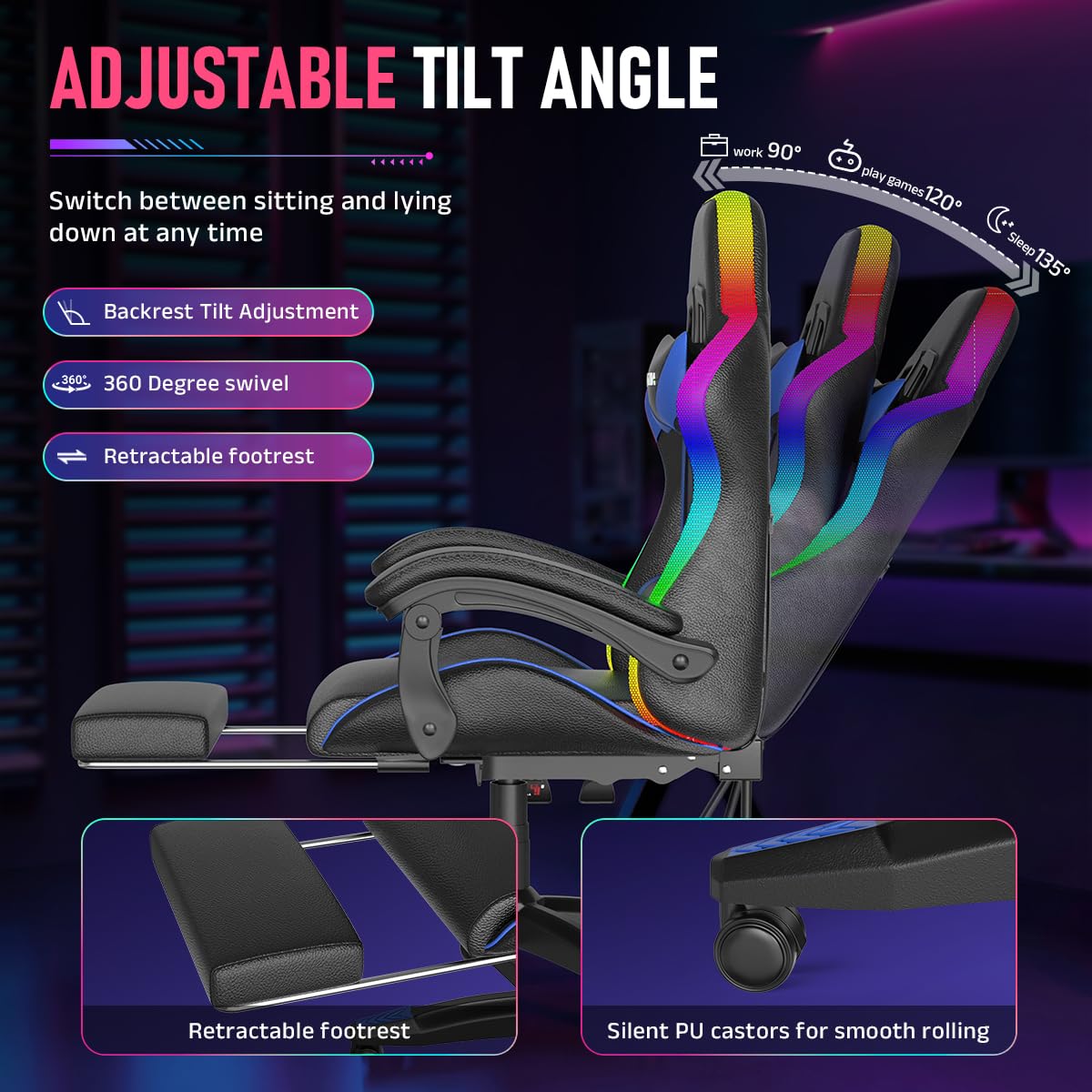 bigzzia Sedia Gaming, Sedia Ergonomica con LED per Videogiochi, Sedia da Gioco con Cuscino Lombare Massaggiante e Poggiatesta per Giocare, Studiare e Lavorare in Ufficio (Blu)