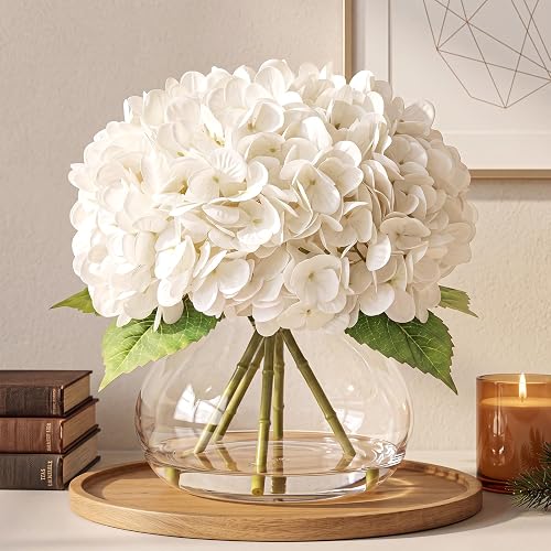 Real Touch Artificial Hydrangea in Vase,Premium Faux Flowers with Faux Water for Home Decoration,Coffee,Table,Wedding,White Fake Hydrangea with Vase for DIY Floral Arrangements