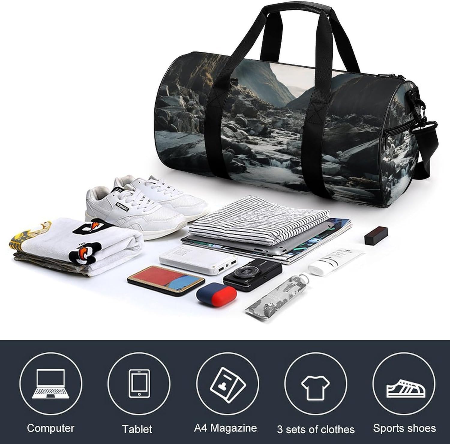 River And Gray Rocks Gym Bag Hand-held Fitness Bags Cylindrical Fitness Bag with Shoe Large Compartment Duffle Bags for Travel Sports Unisex image 4