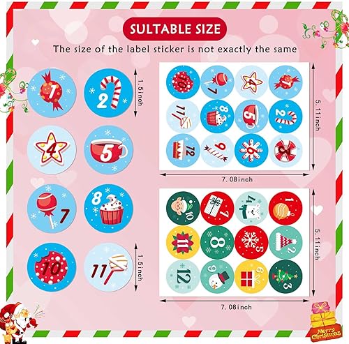 Miniatura 4 de 16 hojas de calcomanías de números del calendario de Adviento de Navidad, calcomanías de cuenta regresiva de 24 días, etiquetas de regalo de Navidad
