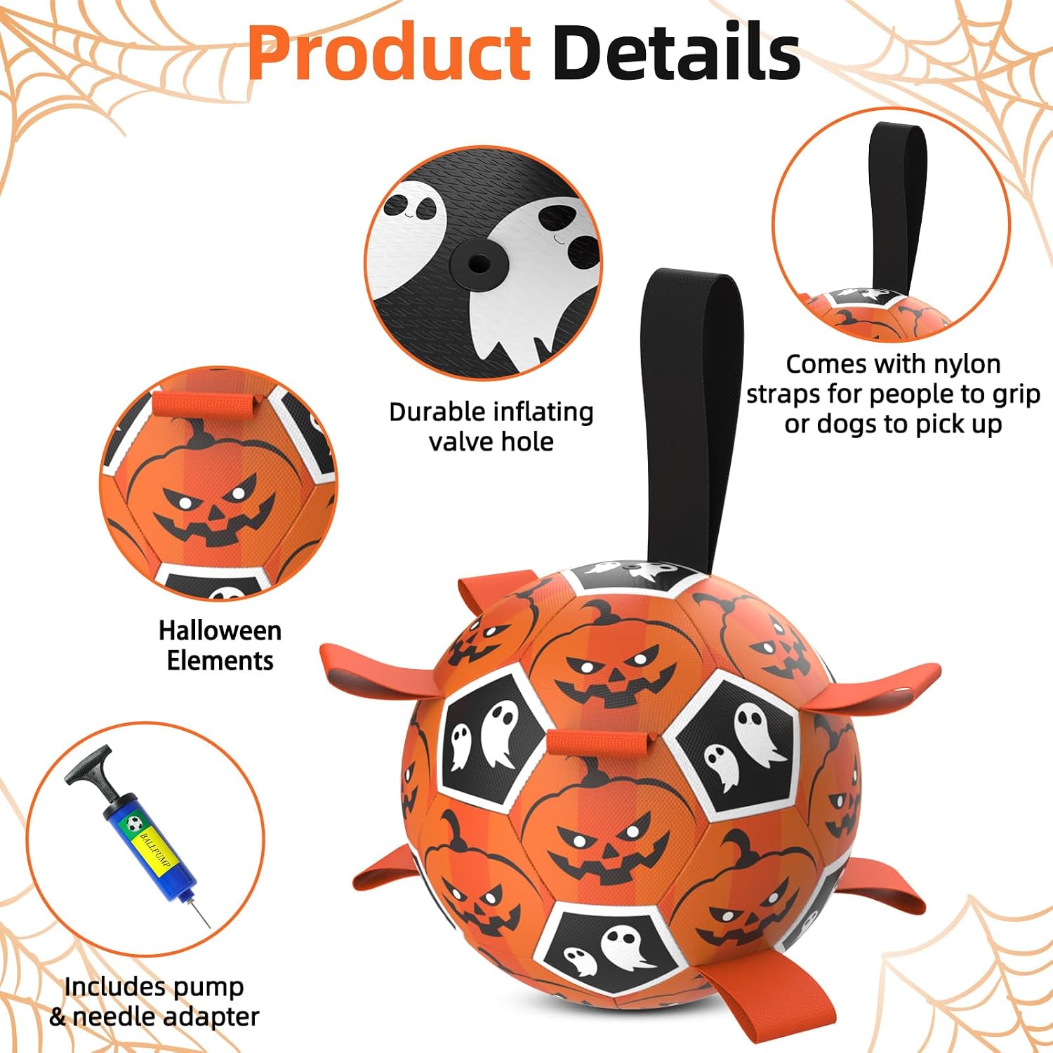 Diman Halloween Dog Toys, 7 Inch Dog Balls, Dog Soccer Ball with Straps image 4