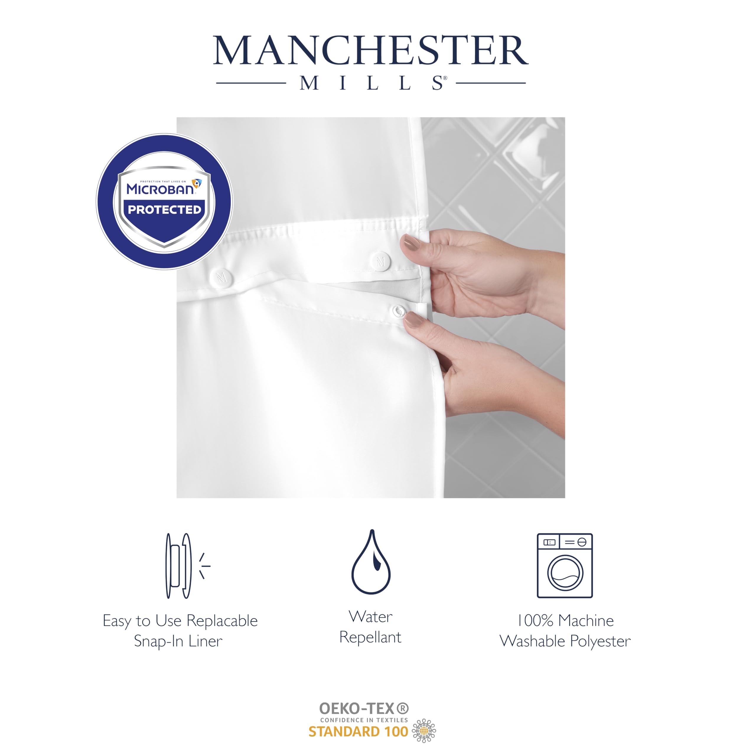 Manchester Mills Protect360 - Cortina de ducha sin gancho de gofre, protección de producto Microban, repelente al agua, forro a presión, dobladillo con imanes, 71 x 54 pulgadas, blanco, se encuentra