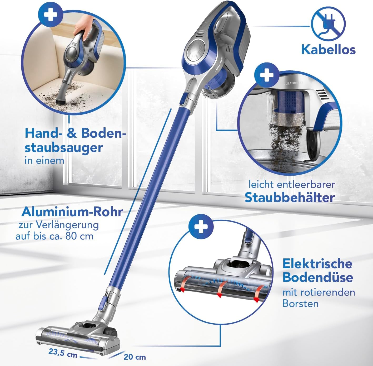 CLEANmaxx vacuum in handheld and stick modes, highlighting easy-to-empty dustbin