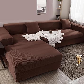Sectional Couch Covers L Shape Sofa Covers Super Stretch 2pcs Sofa Slipcovers for 3 + 4 Seaters Sectional Chaise Slipcover Pets Kids Deep Coffee