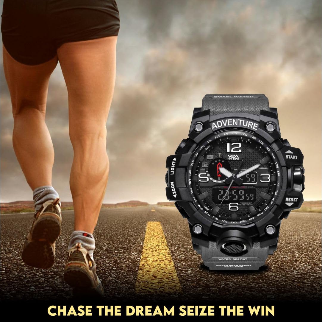 V2A Men Black Dial Black Band Chronograph Analogue and Digital Sports Watch | Stop Watch | Back Light | 50M Waterproof | Alarm | Calender | Gift V2A Men Black Dial Black Band Chronograph Analogue and Digital Sports Watch | Stop Watch | Back Light | 50M Waterproof | Alarm | Calender | Gift