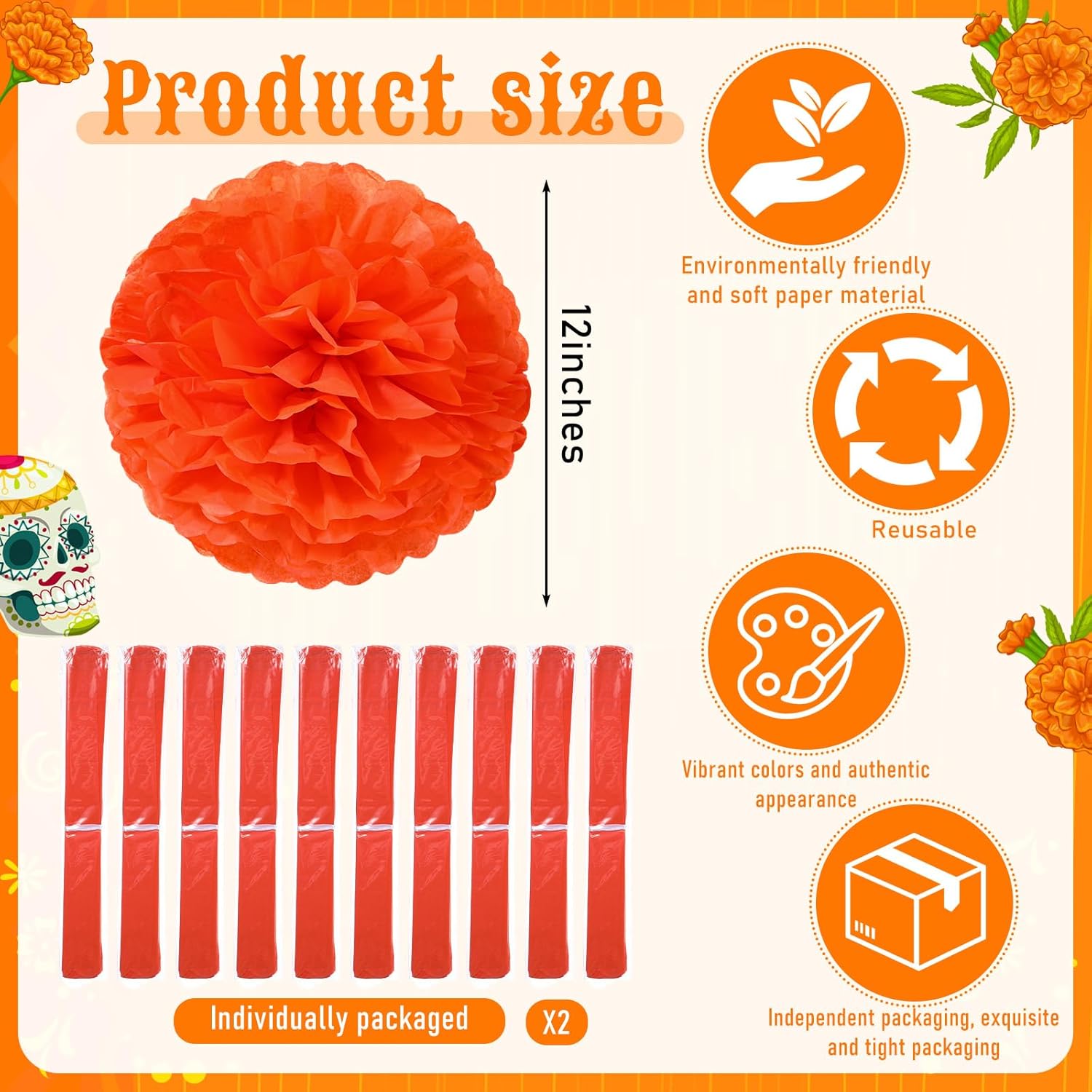 Watersay 20 Pcs 12 Inches Jumbo Artificial Marigold Garlands Large Paper Orange Flower Garland for Dia De Los Muertos Decor The Day of The Dead Ofrenda Altar and Indian Diwali Wedding Decorations