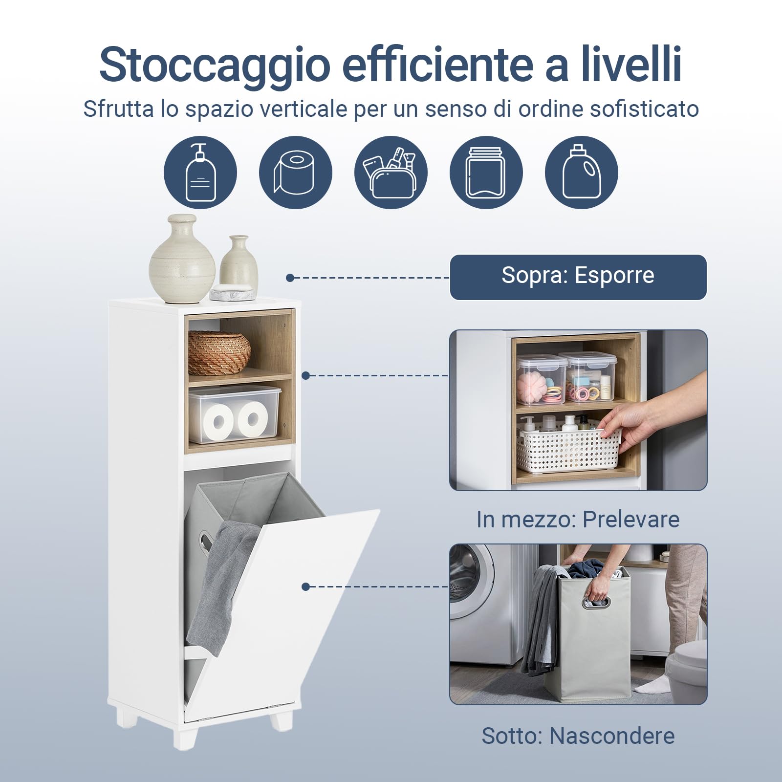 SoBuy Mobile Bagno Salvaspazio con Cesto Portabiancheria – Mobiletto Cassettiera Bagno, Mobile Lavanderia Bianco, 35 x 30 x 105 cm, BZR146-W