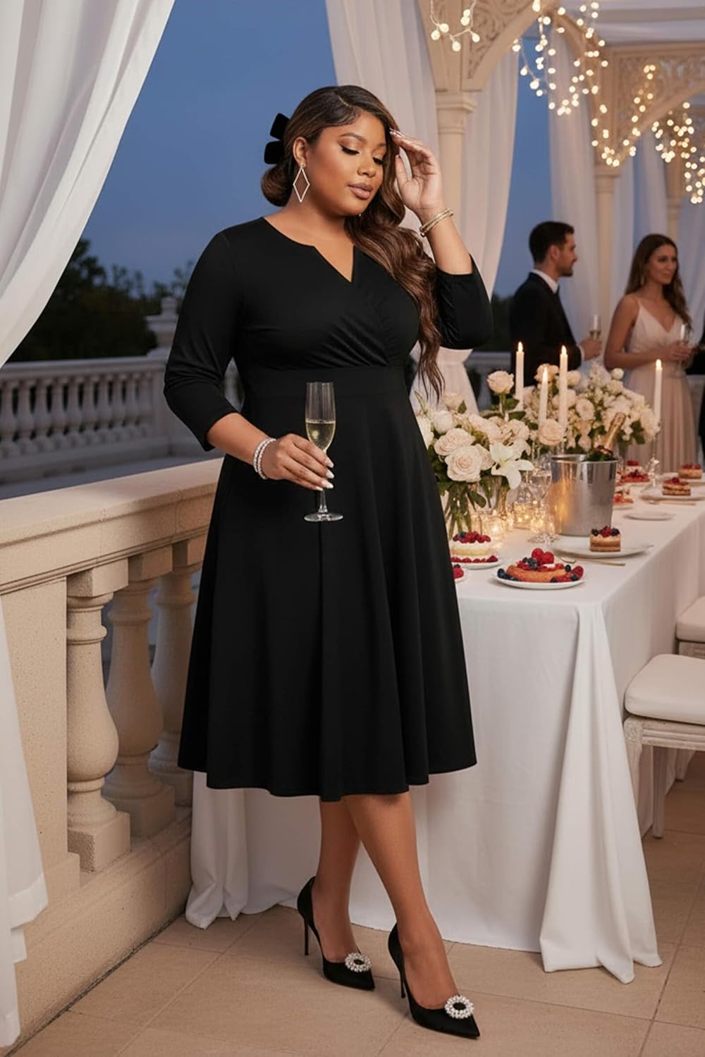 Runwind Women’s Plus Size Midi Dress 3/4 Sleeve Fit and Flare Cocktail Dresses Casual V-Neck Dress with Pockets - Image 3