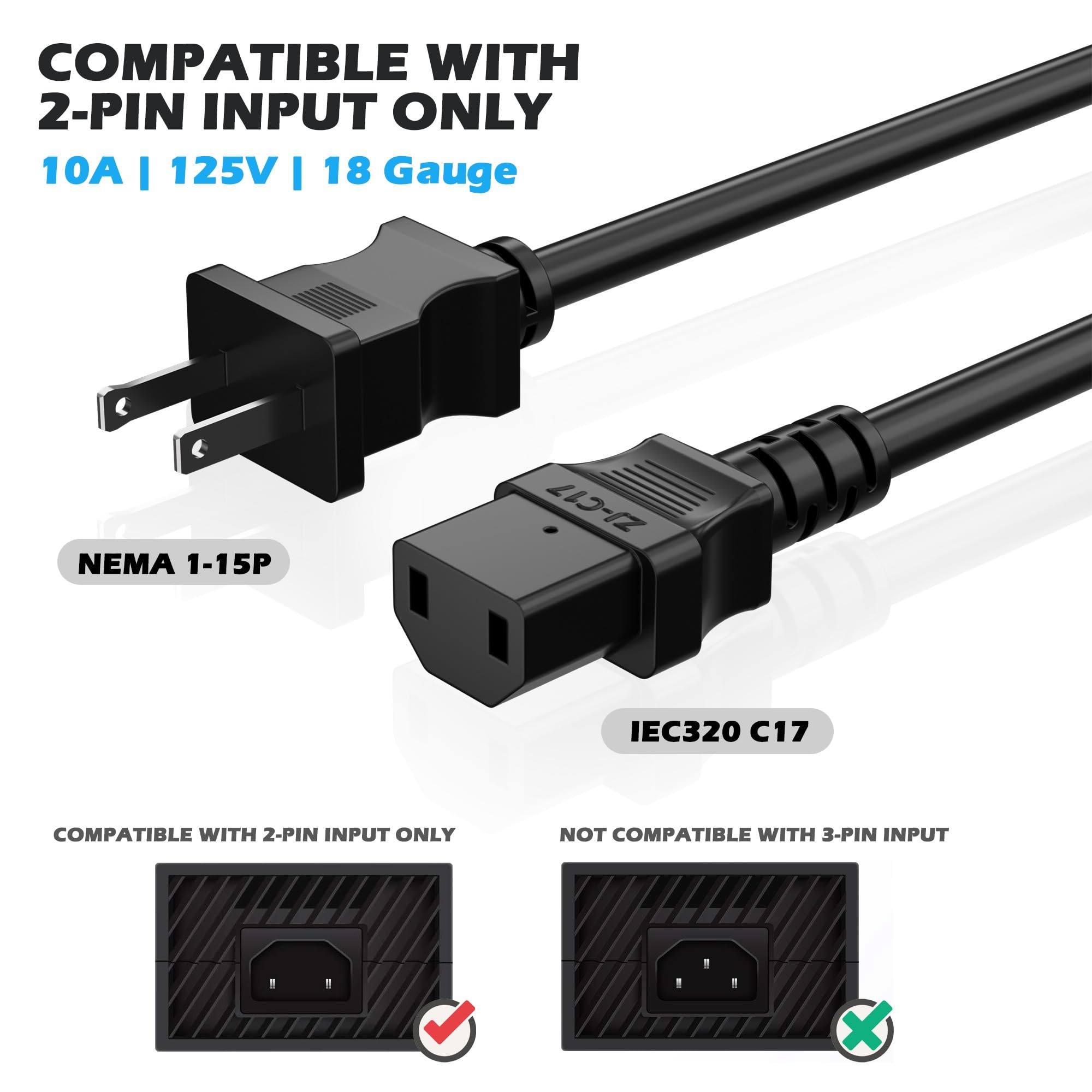 Amazon.com: HiFind 2 Prong TV Xbox Power Cord Replacement 8 Ft/2