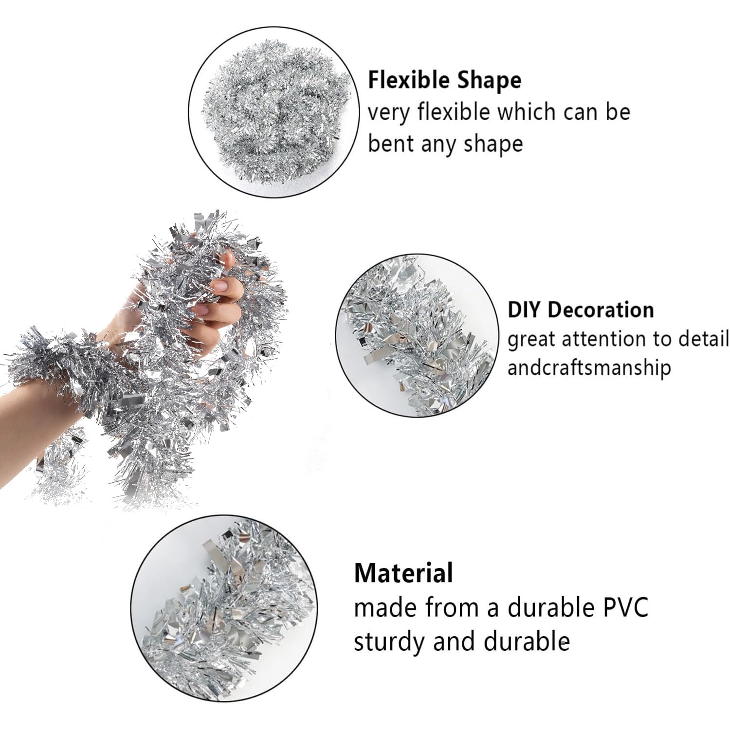 Ghirlanda Di Orpelli per Albero Di Natale Da 6 Pezzi, Ghirlanda Di Decorazioni Natalizie 2m, Ghirlanda Di Decorazioni per Albero Di Natale, Ghirlanda Di Natale (Argento)