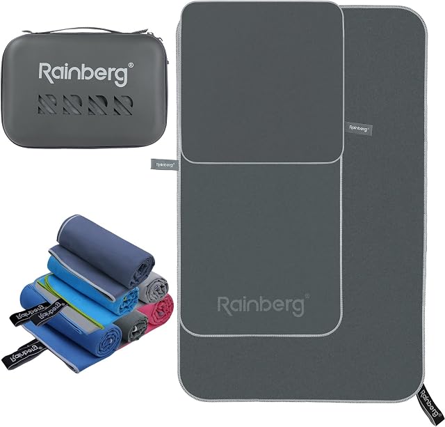Rainberg 3PK Microfibre Towel, Perfect Sports Towel, Travel Towel, Swimming Towel and Beach Towel, Fast Drying, Super Absorbent , Ultra Compact, Great for Camping, Gym, Beach and Swimming (Dark Grey)