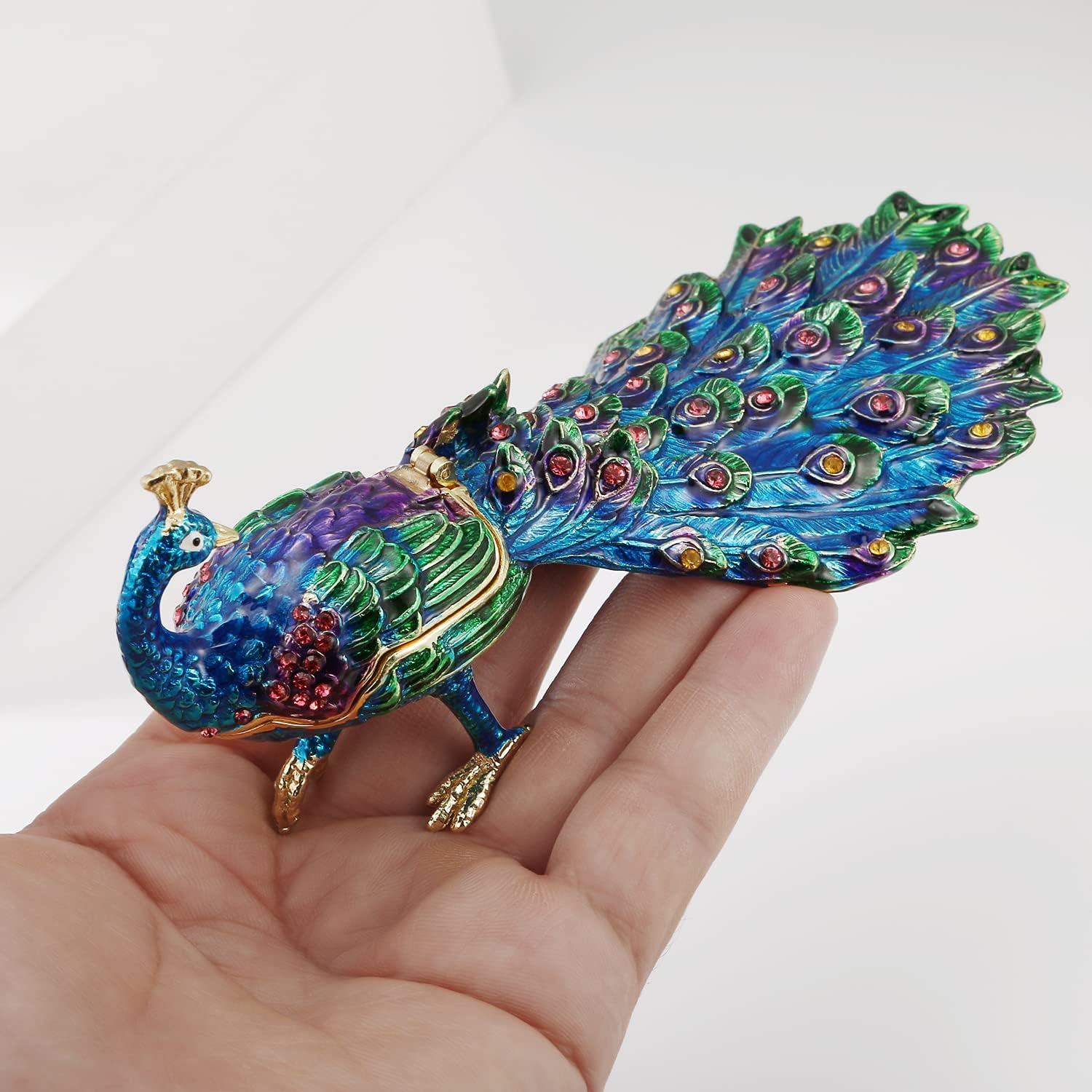 Hand Painted Enamel Peacock Trinket Box for Home Decor, Hinged Enamel Jewelry Organizer Storage, Unique Keepsake Collectible Figurine Personalized Elegant Ornament Gifts (Purple Peacock)