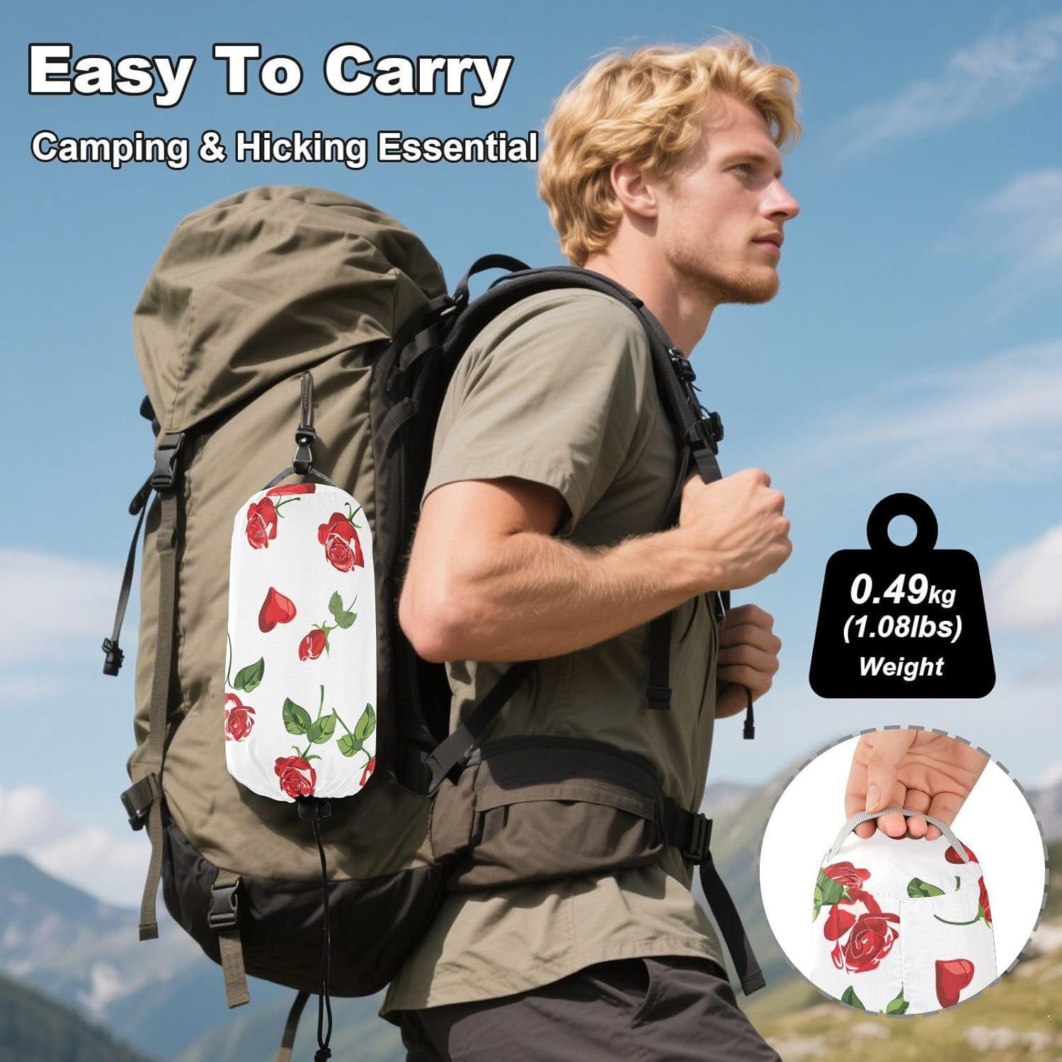 ALAZA Heart Red Rose Flower Floral Camping Hammocks Single or 2 Person 500 lbs Portable Parachute Travel Hammock w/Tree Straps for Hiking Backpacking Indoor Outdoor