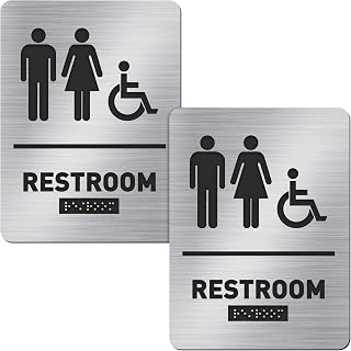 All Gender Bathroom Sign Unisex and Handicap Braille Restroom Sign by Ada Compliant Wheelchair Bathroom Sign Raised Icons Grade 2 Braille Modern Restroom Signs for Business (2 Pieces)