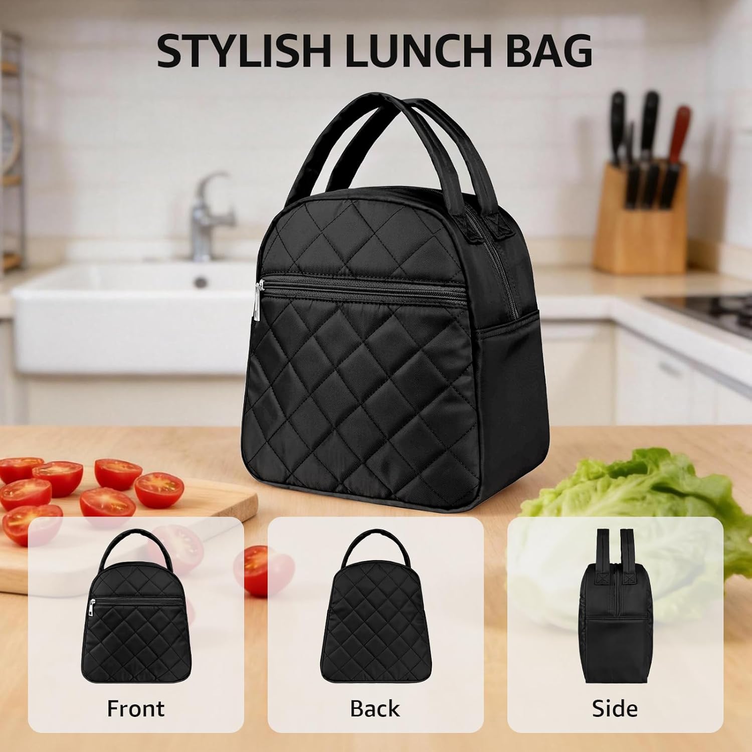 Paquesta Lunch Bag Women Stylish Quilted Lunch Boxes for Adult Fit and Fresh Cooler Insulated Lunchbox for Work Large 11 Liters Cute Compact Lunchbag Waterproof Black