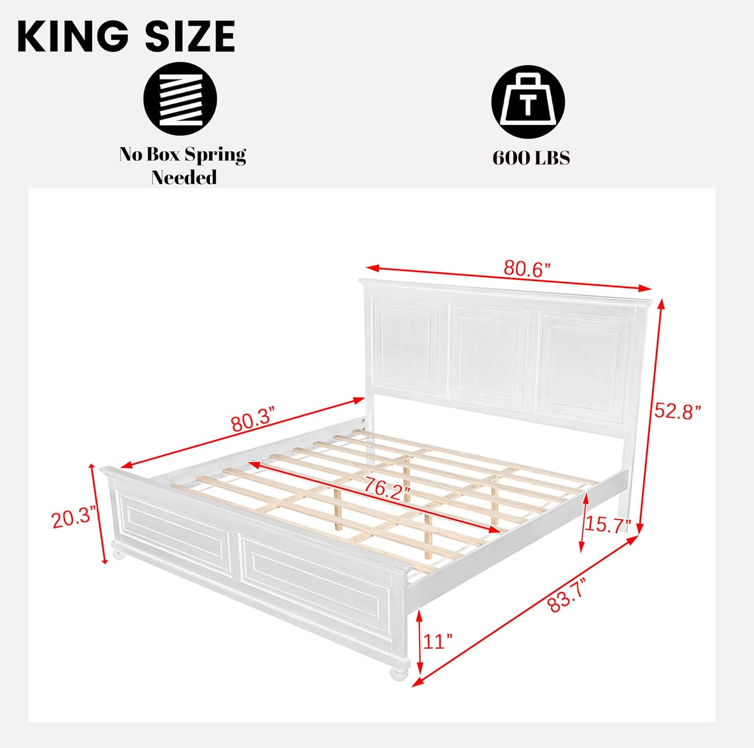 King Farmhouse Bed Frame, King Size Bed Frame Wood with Tall Headboard and Footboard, Pinewood Platform Beds with Built-in Charging Station, Noise-Free, No Box Spring Needed, White