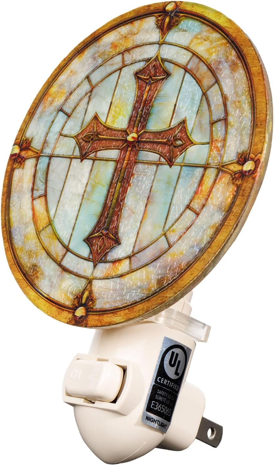 Stained Glass Styled Cross Night Light Plug in – Made with Real Glass, Bulb Included, On/Off Switch – Vintage Cathedral Cross – Christian Gift for Baptism or Memorial
