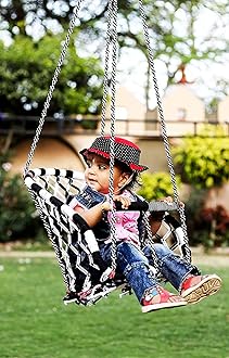 Patiofy Baby Swing Chair Rope with Safety Handle/Toddler/Infant Swing with Yellow T-Bar & Rope/Outdoor Indoor Kids Swinger/Jhula/Swing Ride Seat/Black & White in Colour