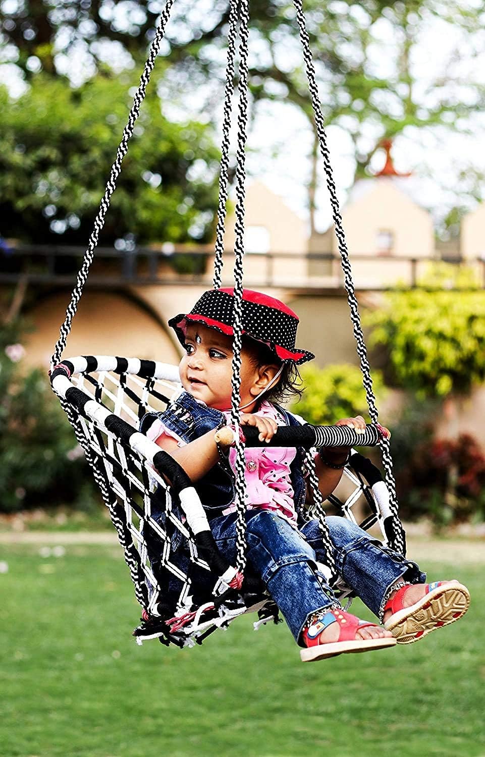 Baby Swing Chair Rope with Safety Handle/Toddler/Infant Swing with Yellow T-Bar & Rope/Outdoor Indoor Kids Swinger/Jhula/Swing Ride Seat/Black & White in Colour