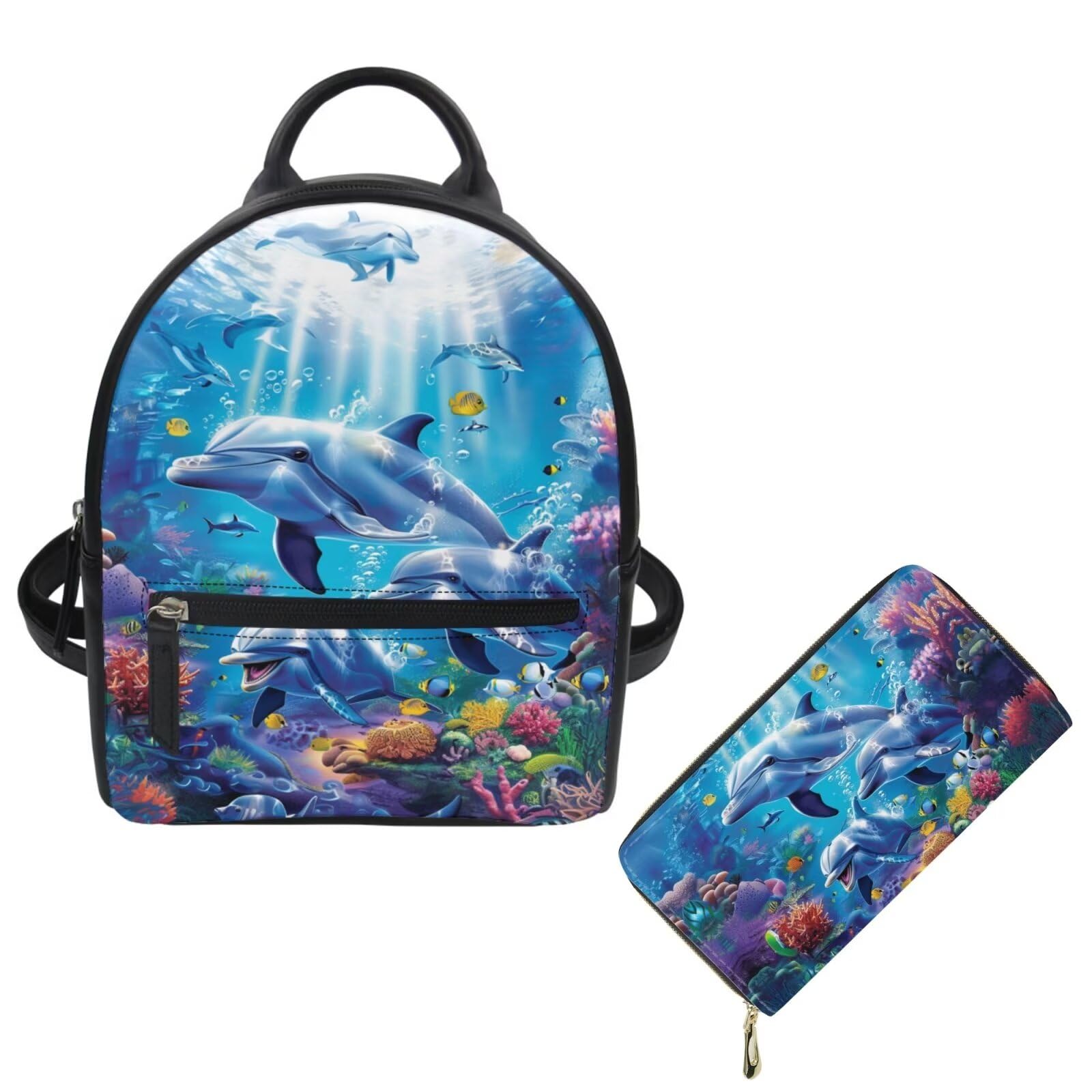 Showudesigns Dolphin Mini Backpack Purse for Women Shoulder Bag Zipper Back Pack Daypack Travel Accessories Handbags Stuff Sack Tote Bags for Travel