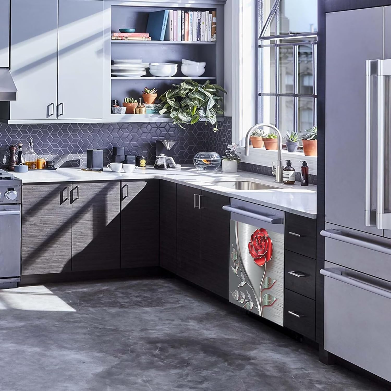 Generic Stainless Steel Texture Dishwasher Cover Decorative, Metal Rose Flower Magnet Dishwasher Sticker Front Panel Decal, Brushed Silver Fridge Decal, Kitchen Decor Magnetic 23''x 17''