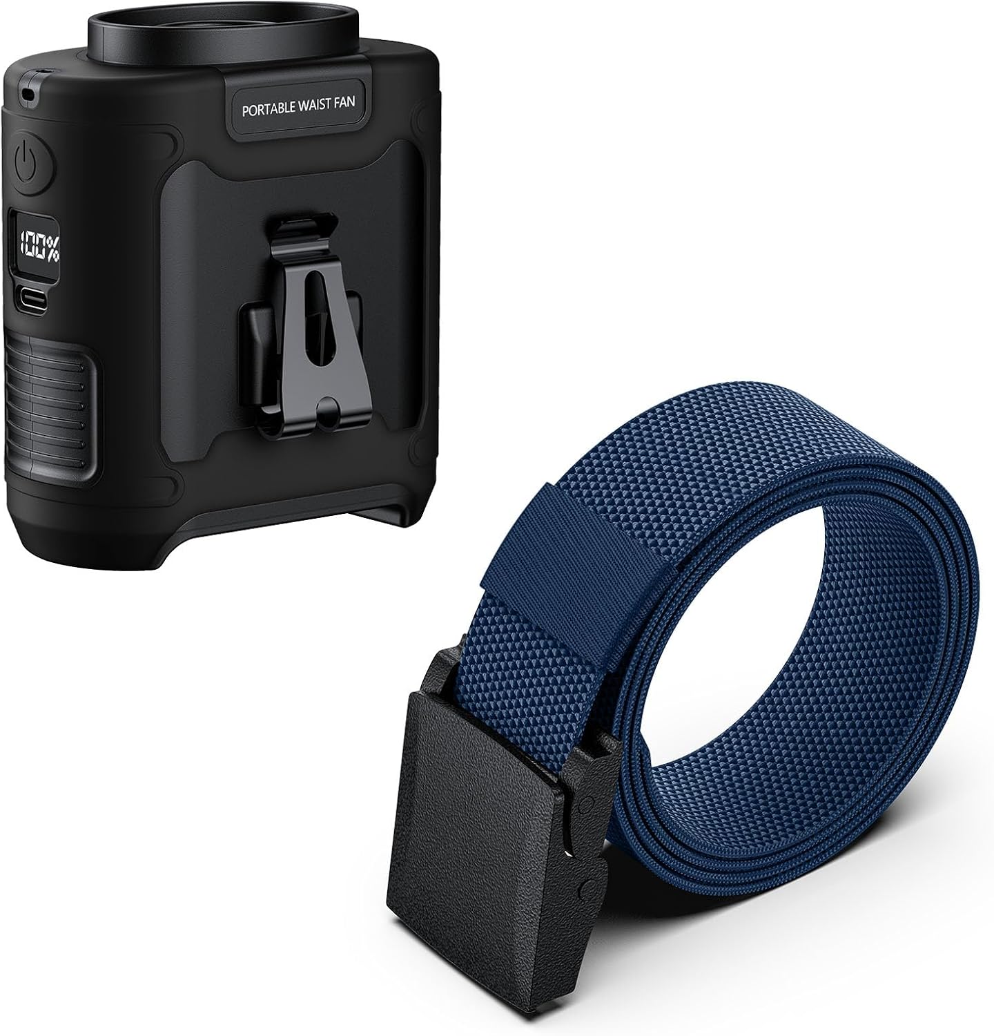 1 Pack Black Portable Waist Fan and 1 Pack Dark Blue Tactical Nylon Belt