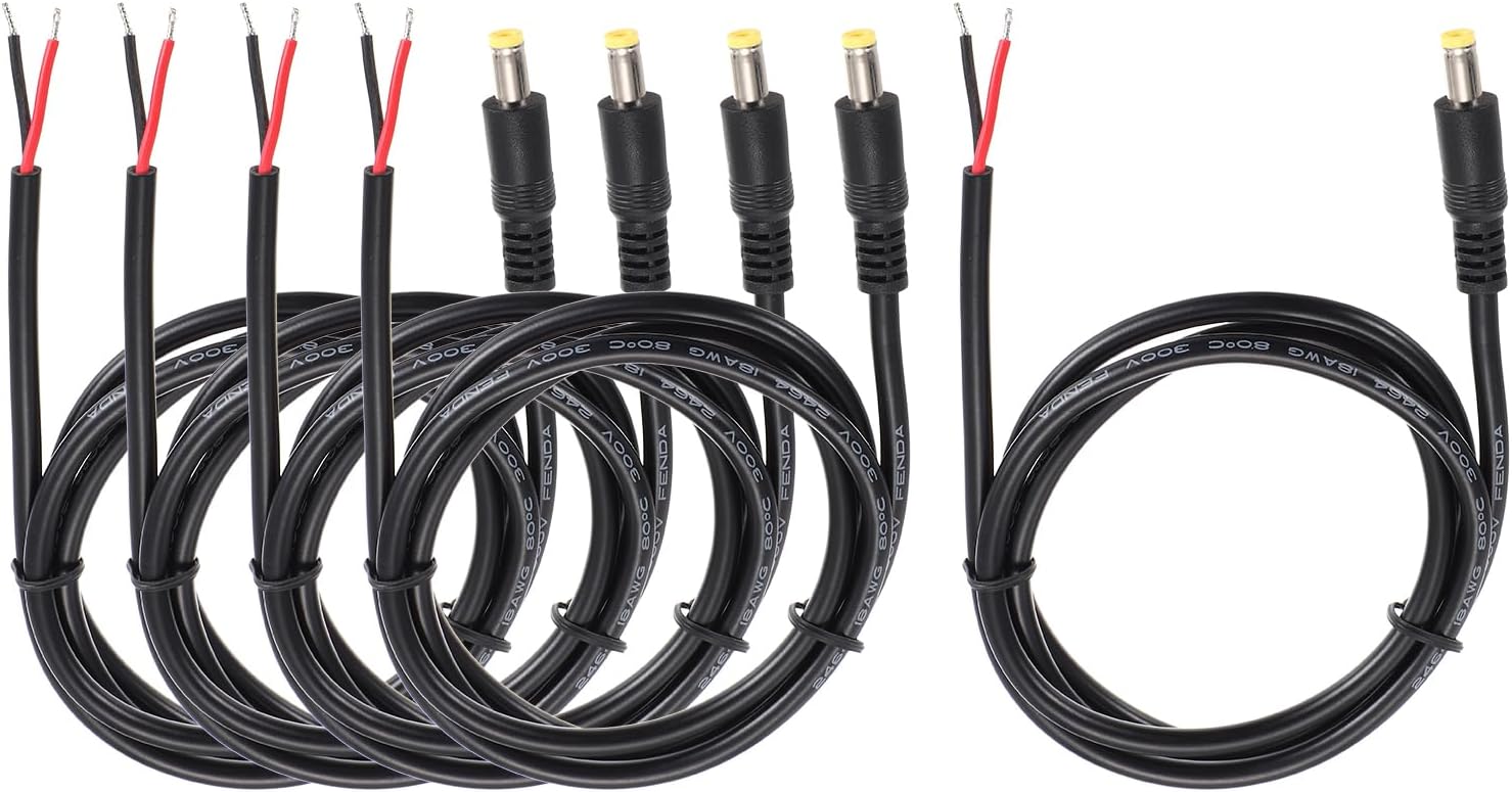 MECCANIXITY 5pcs DC Power Pigtails Cable, 5.5mm x 2.5mm Male Barrel Plug Connector to Bare Wire Open End 100cm for PC Laptop Toys Cellphone Electronic Device