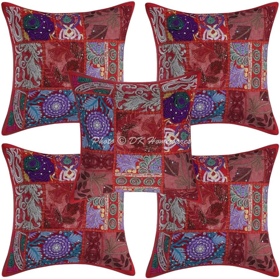 Ethnic Throw Pillowcases 12 x 12 Inch Cotton Vintage Patchwork Decorative Square Embroiderded Cushion Covers (Size - 30x30 cm ; Color: Red) - Set of 5 Pcs (Cover Only)