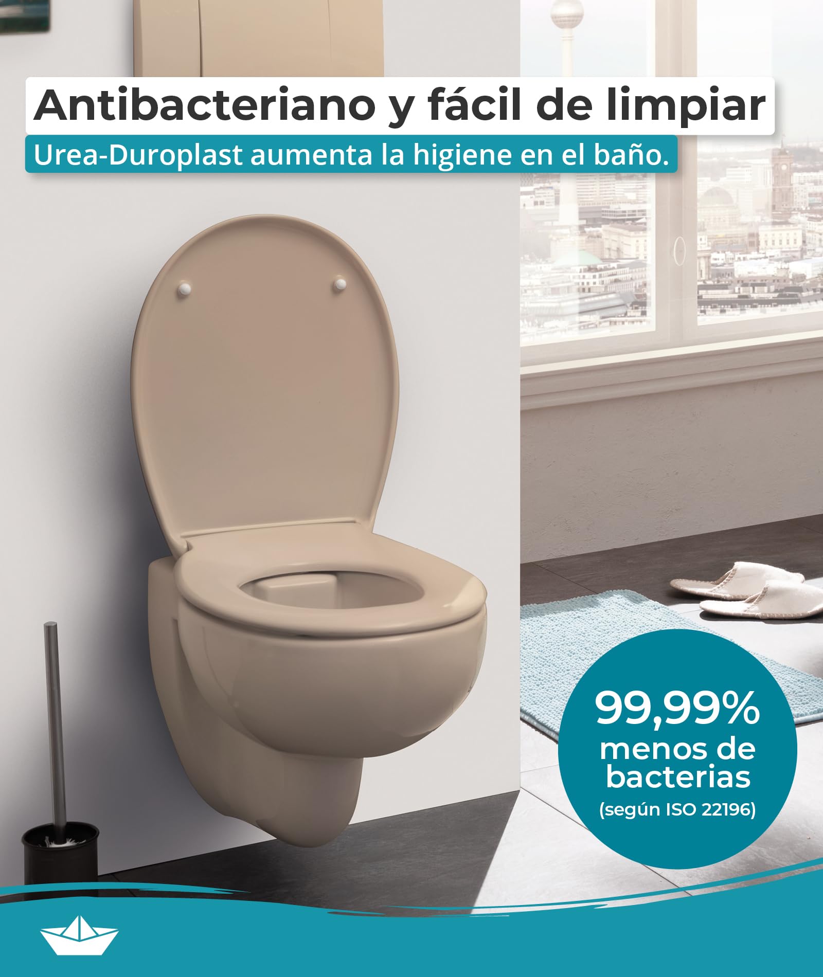 Calmwaters® Premium asiento de inodoro de fácil instalación, hasta 250 kg, Made in EU, duroplast antibacteriano, doble mecanismo de cierre suave, 2 opciones de fijación, extraíble, ovalado, beige