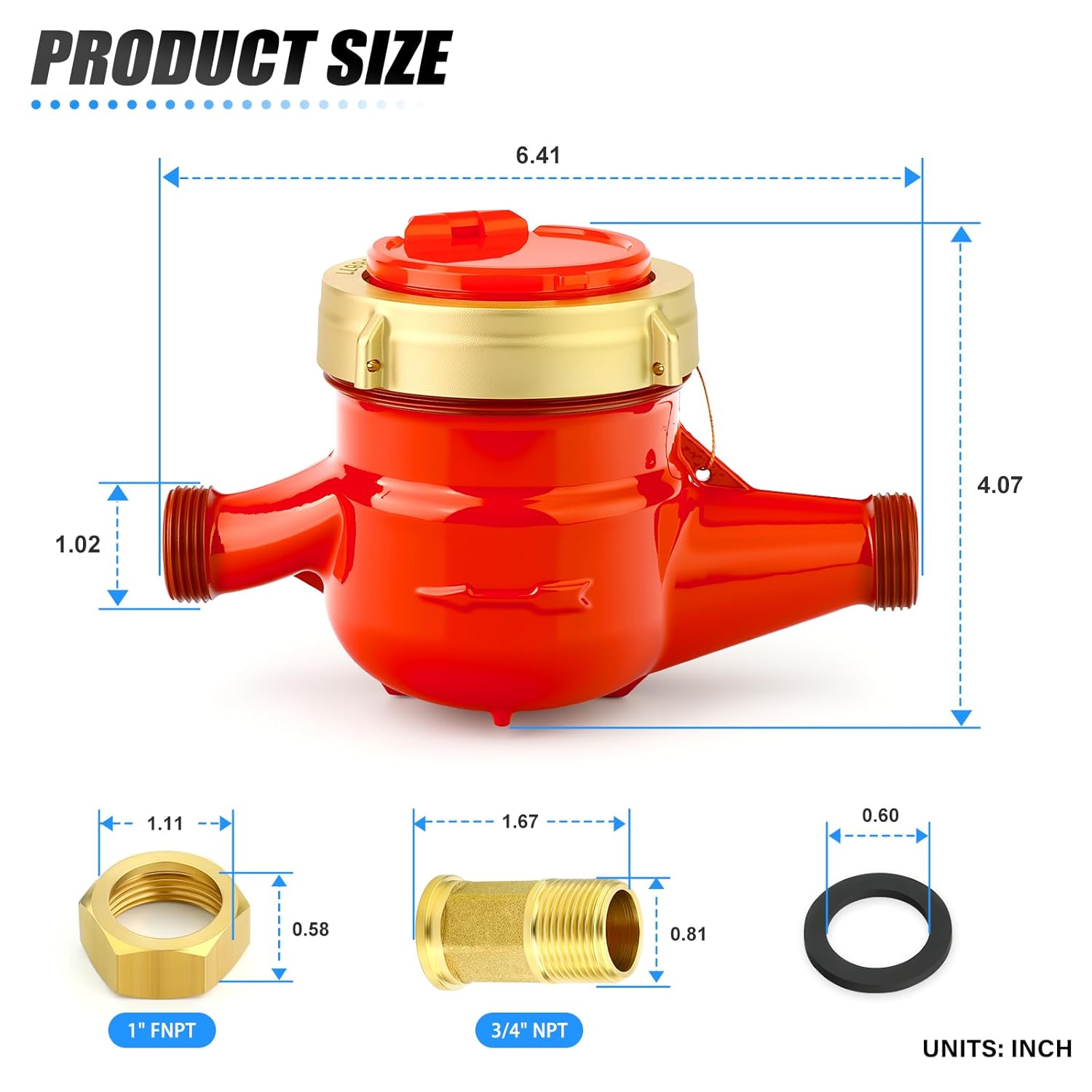 MEANLIN MEASURE 3/4" NPT Couplings Water Meter Gallon Hot Water Meter for Garden or Home, 20MM Measuring in Cubic Meter, Single-Jet Horizontal Install