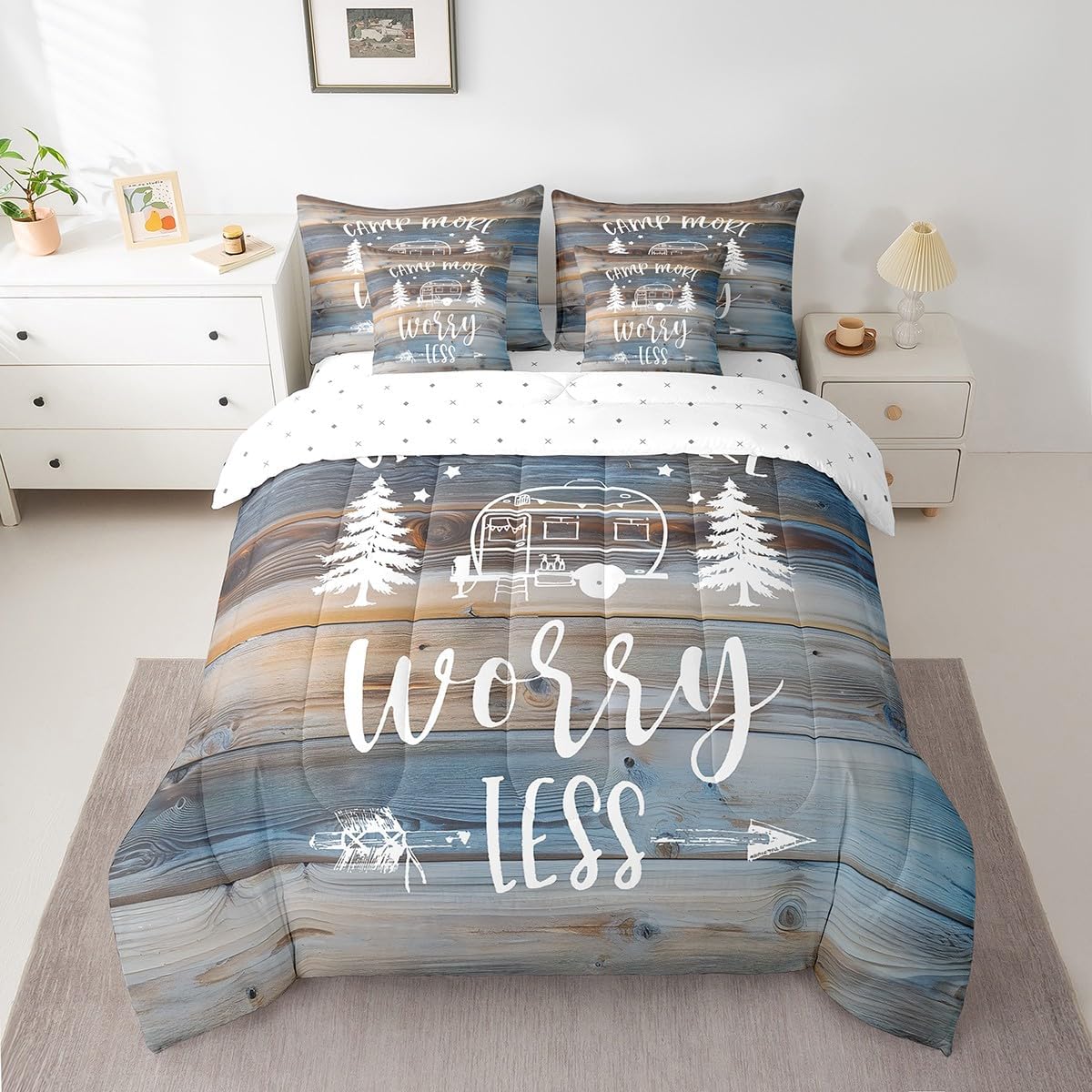 Erosebridal 7 Piece Happy Camping Bedding Set Queen,Camper Accessories Rv Comforter Set with Sheets for Kids Adults,Blue Brown Rustic Cabin Decor,Travel Trailer Bed in a Bag with Pillowcases & Shams image 3