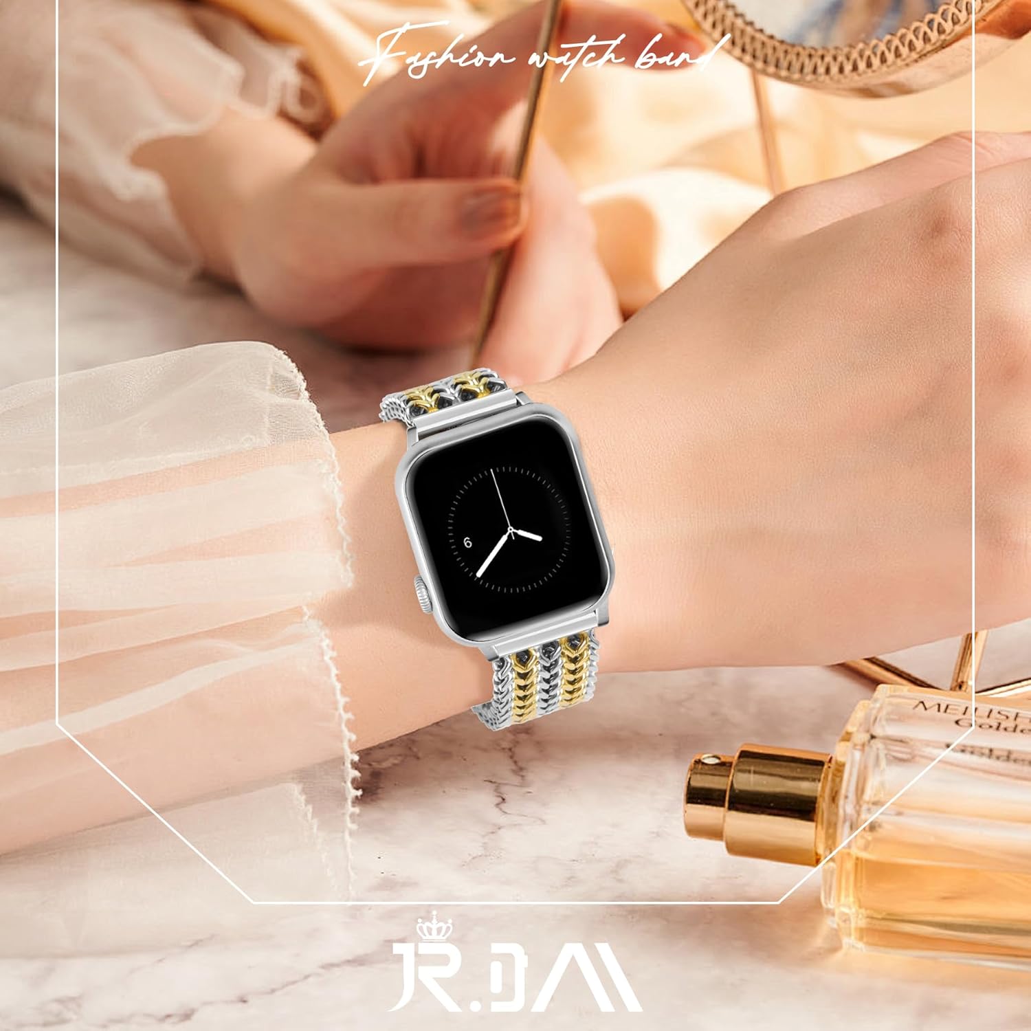 JR.DM Gold Silver Bracelet Band for Women Compatible with Apple Watch 38mm 40mm 41mm 42mm (S10/11) Designer Stainless Steel Metal Chain Dressy Strap for iWatch Series 11/10/9/8/7/6/5/4/SE/3/2/1