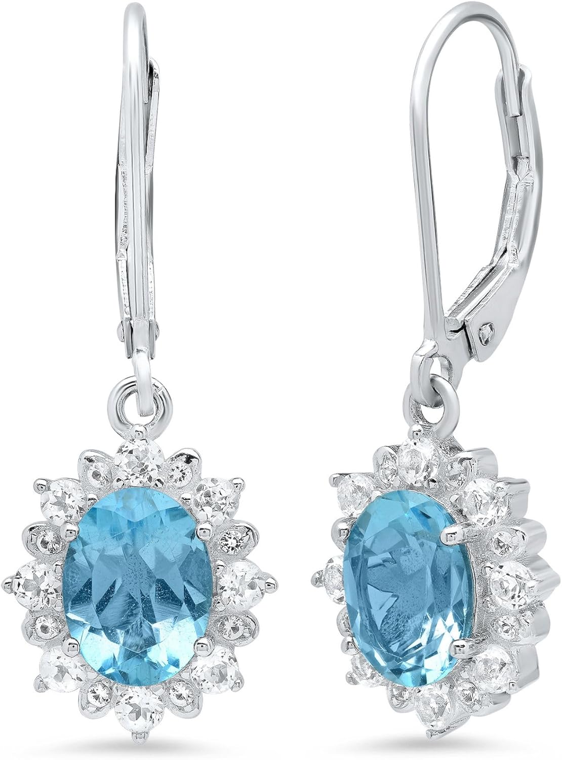 925 Sterling Silver Halo Sunburst Gemstone Oval Dangle Earrings for Women 8x6mm Birthstone with Leverback White Topaz Accent Stones by MAX + STONE