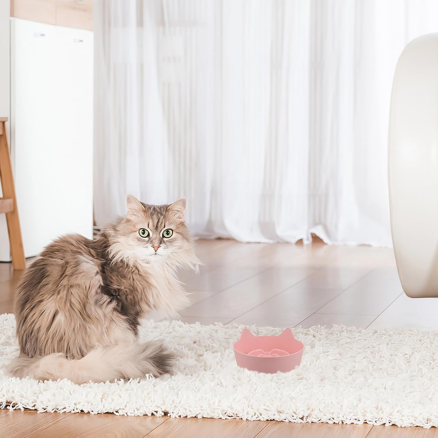 Cat Slow Feeder Bowl Pink Candy Color Non-Slip Plastic Kitten Food Dish with Ears Shallow Slow Feed Cat Bowl for Indoor and Kittens