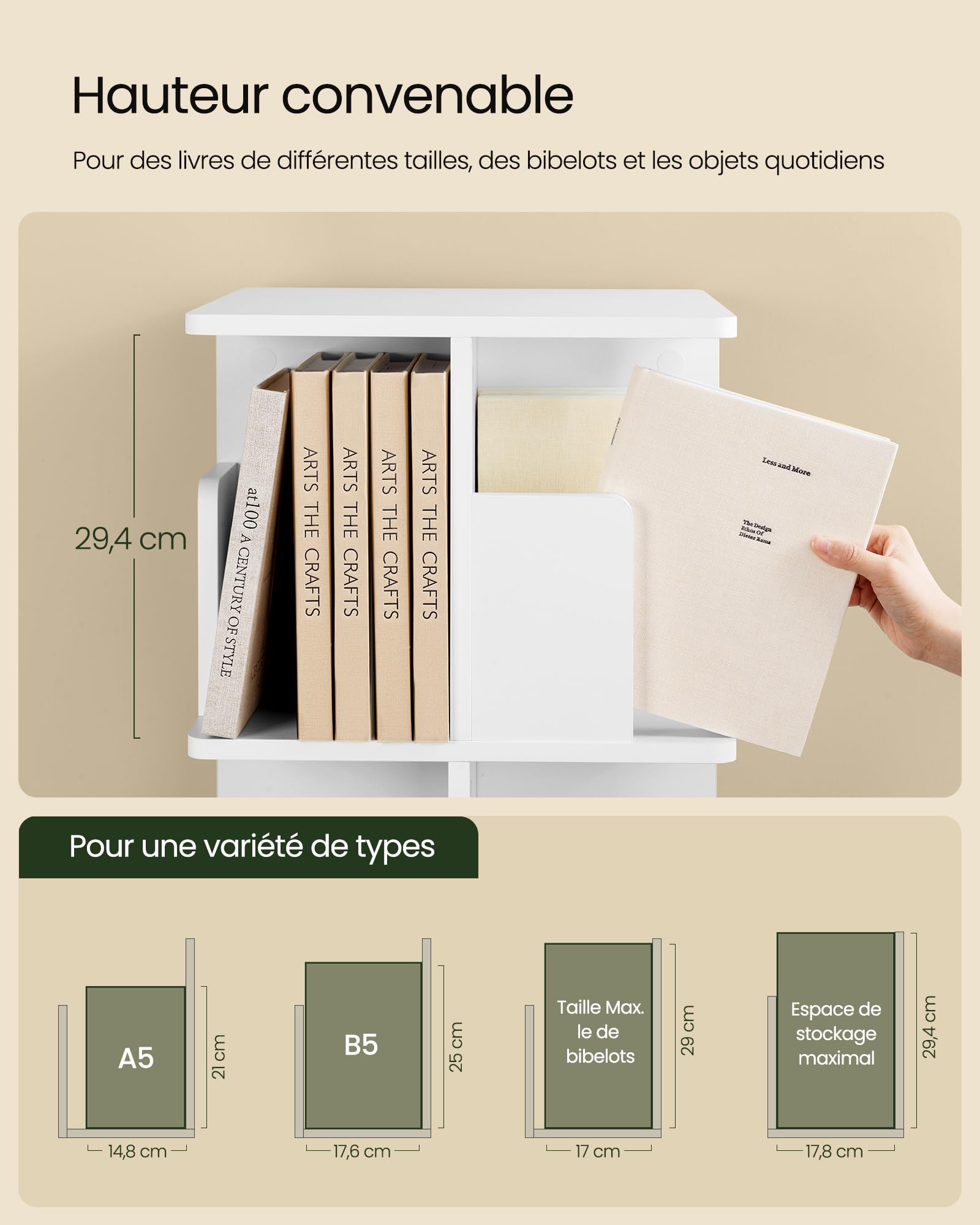 EUGAD Étagère Livre Rotative 360° à 4 Niveaux, Bibliothèque Colonne Tournante, Meuble de Rangement Moderne pour Salon, Bureau, Chambre, 40x40x129 cm, Blanc