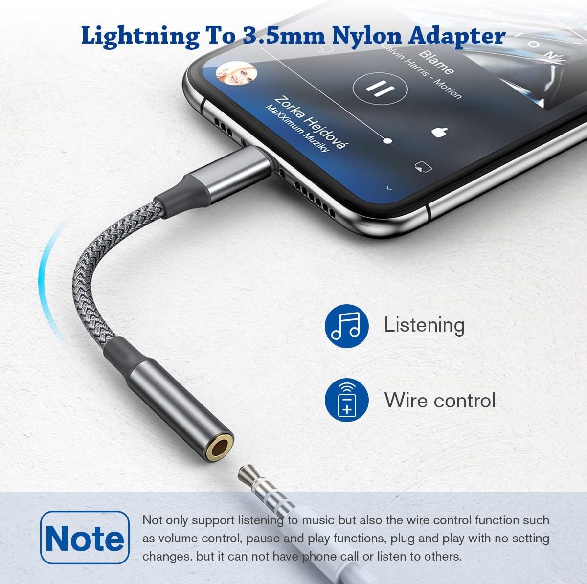 iPhone Lightning to 3.5mm Adapter, 2 Pack iPhone 3.5mm Headphones Audio Aux Jack Converter Nylon Earphones Dongle Stereo Cable Compatible iPhone 12/SE/11/XR/Xs/X/8/iPad/iPod, Support Music Control